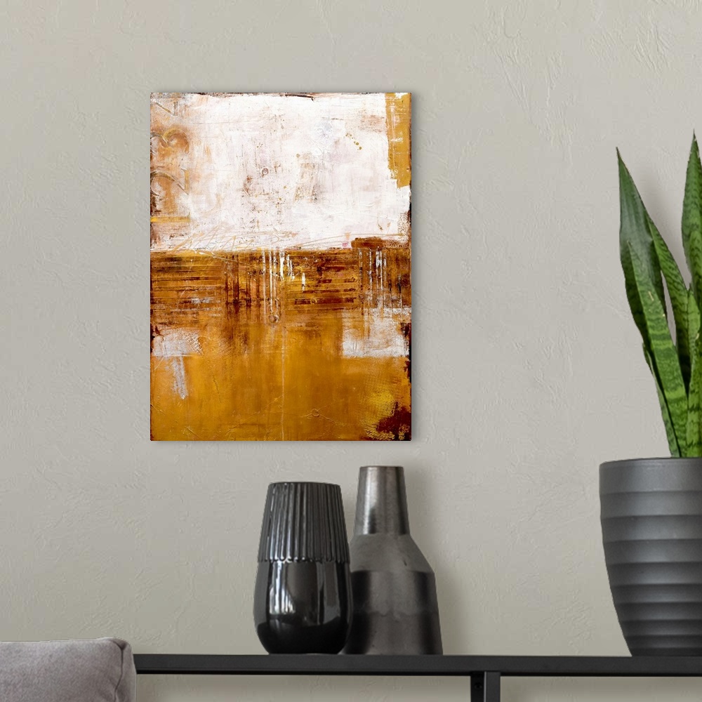 A modern room featuring Contemporary abstract painting using earthy tones with with white.