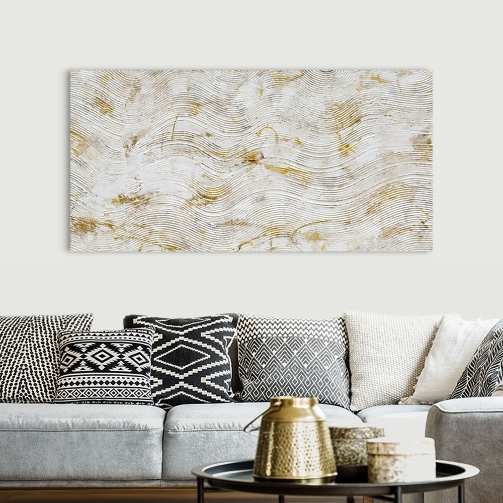 A bohemian room featuring A heavily textured contemporary abstract painting which has waves of lines moving from left to ri...