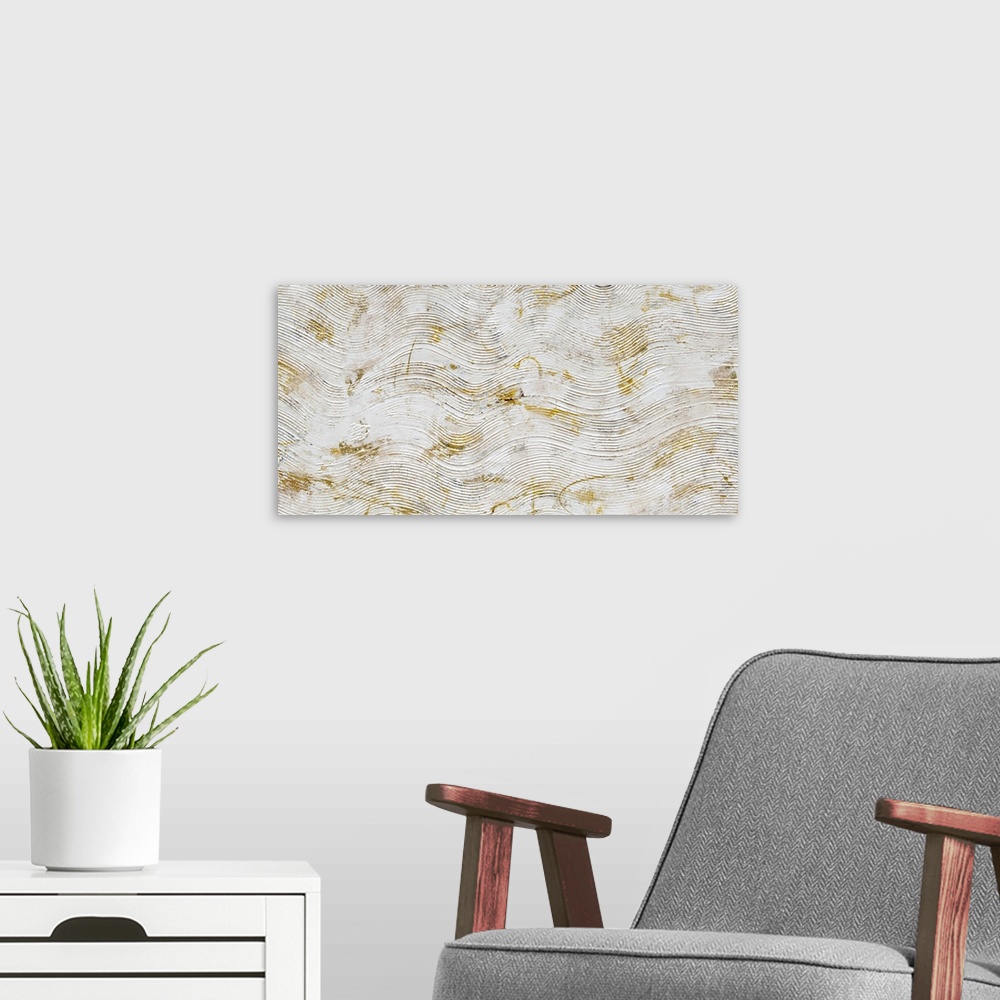 A modern room featuring A heavily textured contemporary abstract painting which has waves of lines moving from left to ri...