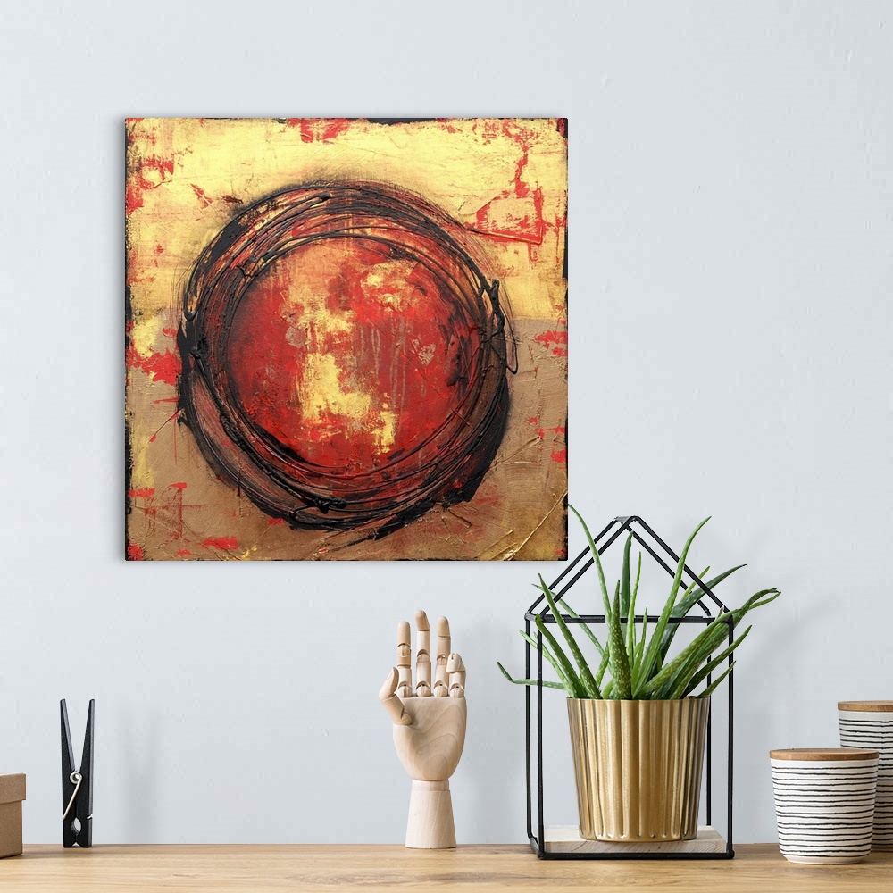 A bohemian room featuring This heavily textured abstract artwork features an abstract circular design in paint drips with l...