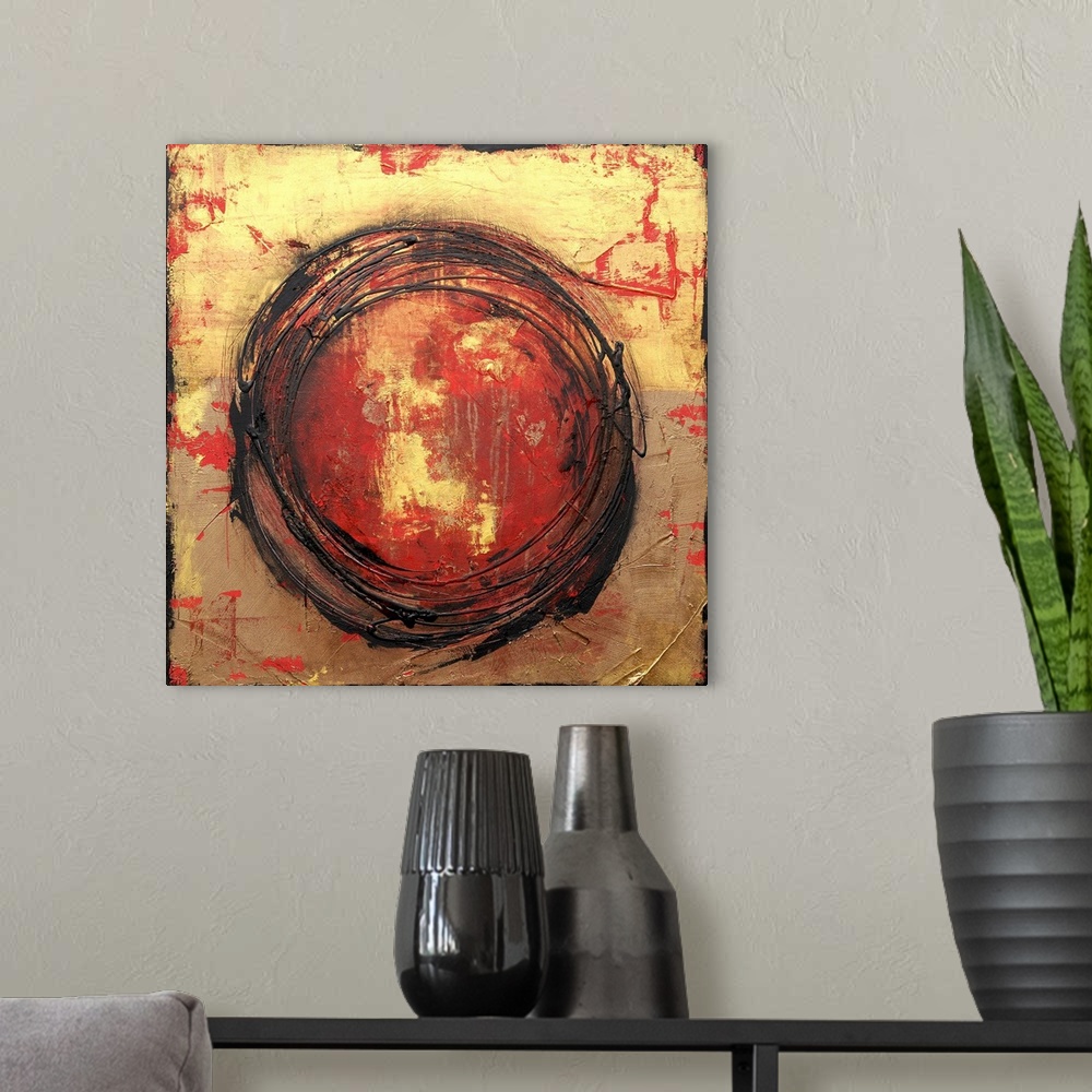 A modern room featuring This heavily textured abstract artwork features an abstract circular design in paint drips with l...