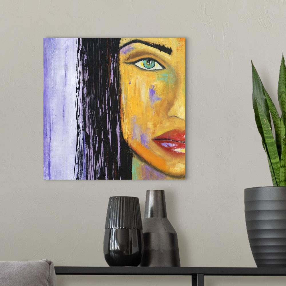 A modern room featuring Contemporary painting of a close-up of a woman's face