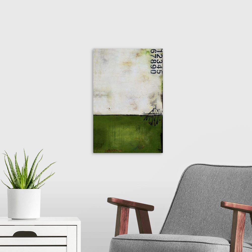 A modern room featuring Contemporary abstract painting using dark green and stenciled numbers.