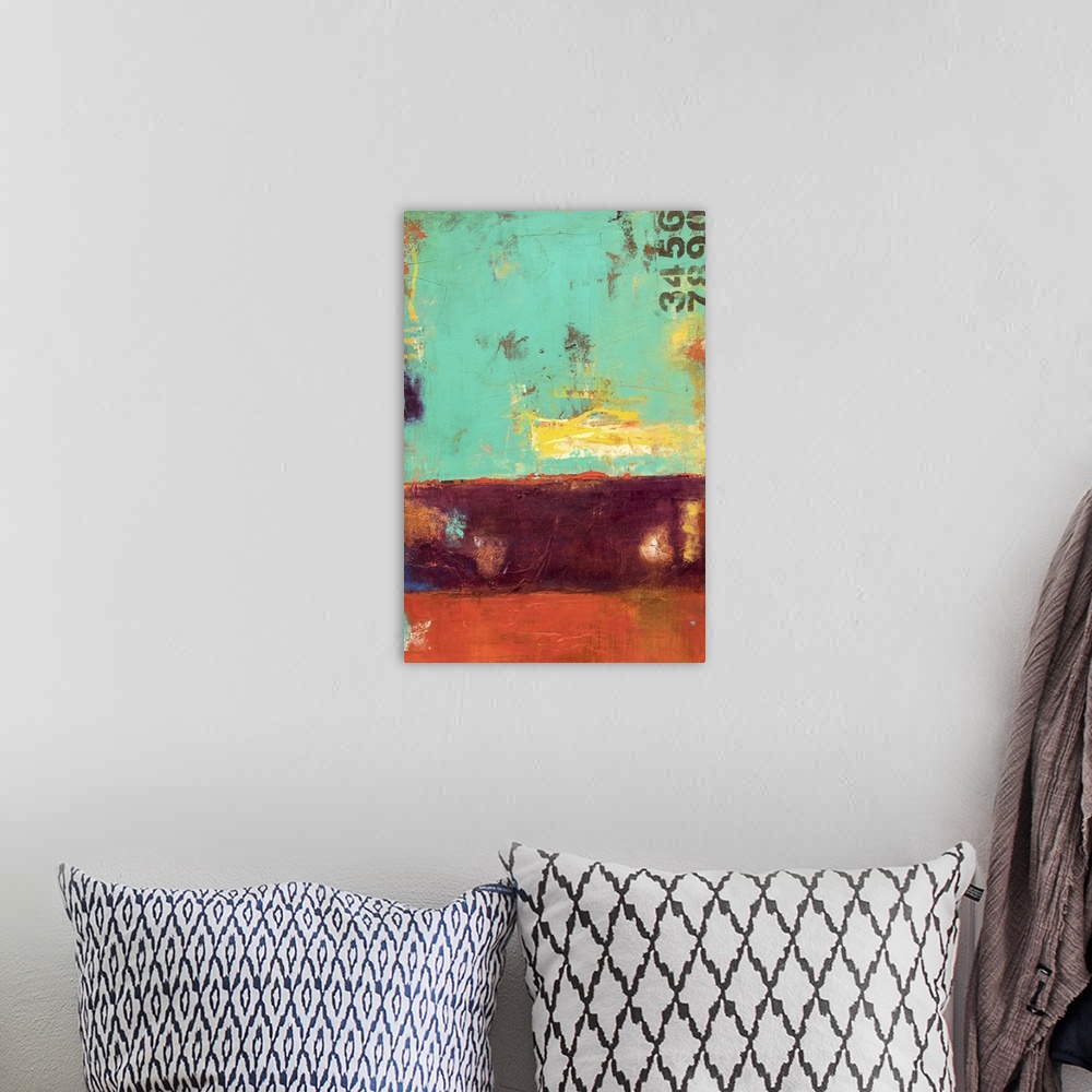 A bohemian room featuring Contemporary abstract painting using green and reddish tones.