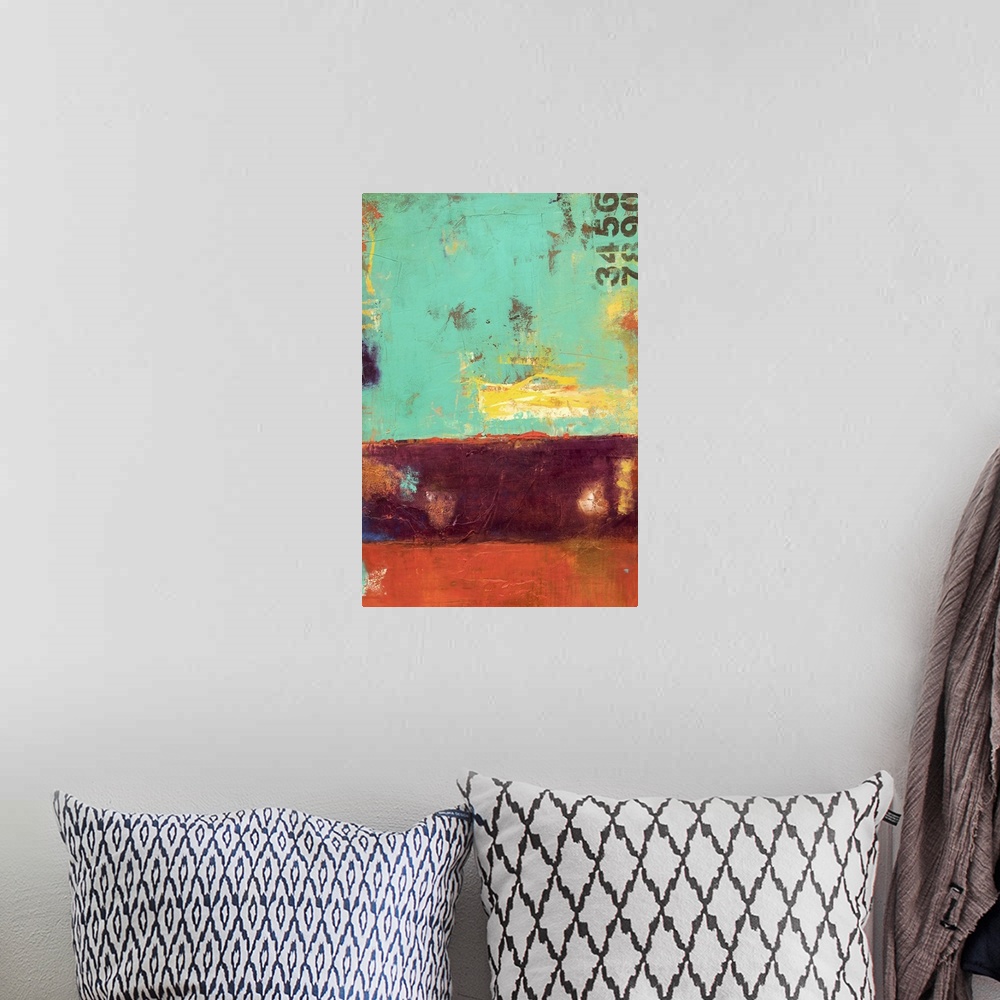 A bohemian room featuring Contemporary abstract painting using green and reddish tones.
