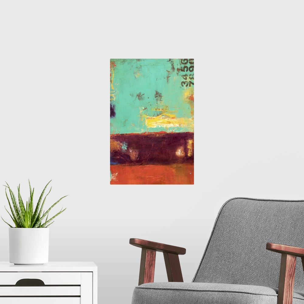 A modern room featuring Contemporary abstract painting using green and reddish tones.