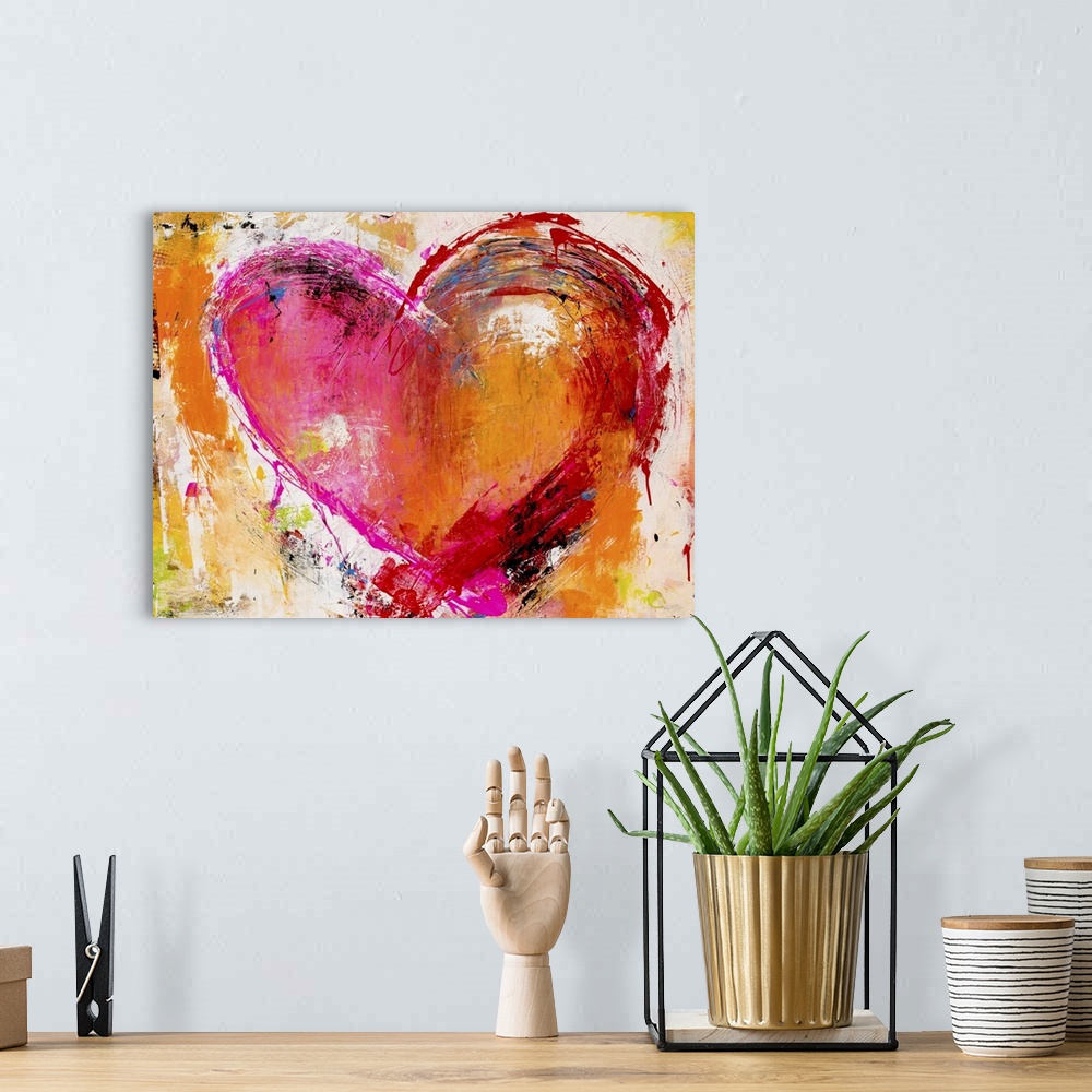 A bohemian room featuring A contemporary abstract painting of a multi-colored heart that contains warm, bright, and vibrant...