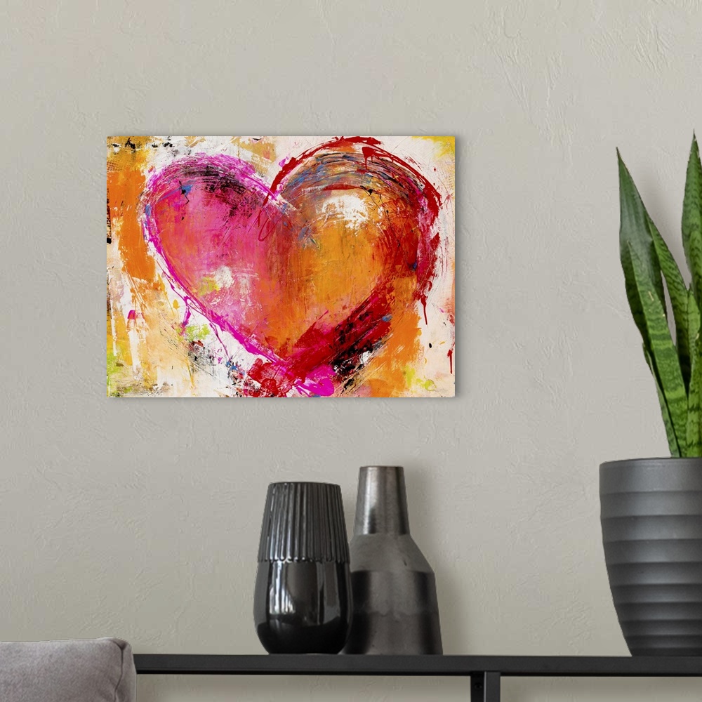 A modern room featuring A contemporary abstract painting of a multi-colored heart that contains warm, bright, and vibrant...