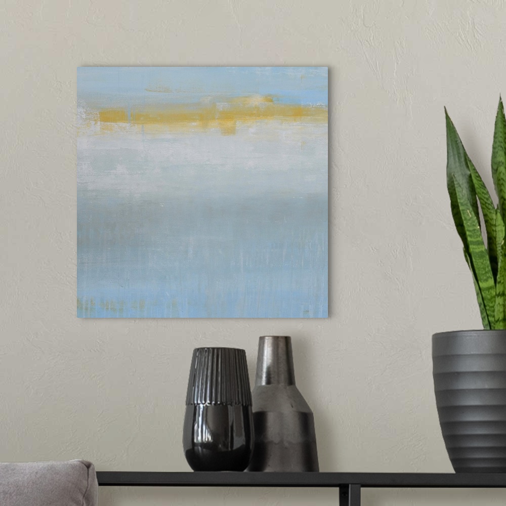 A modern room featuring Square contemporary painting on a large wall hanging of light colored drips and sponge textures o...