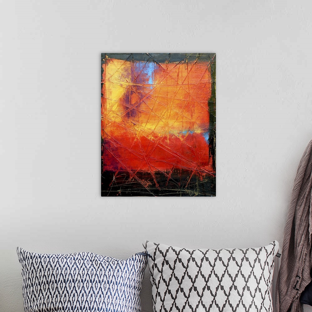 A bohemian room featuring Contemporary abstract painting of boldly colored square against a black background.  There are li...