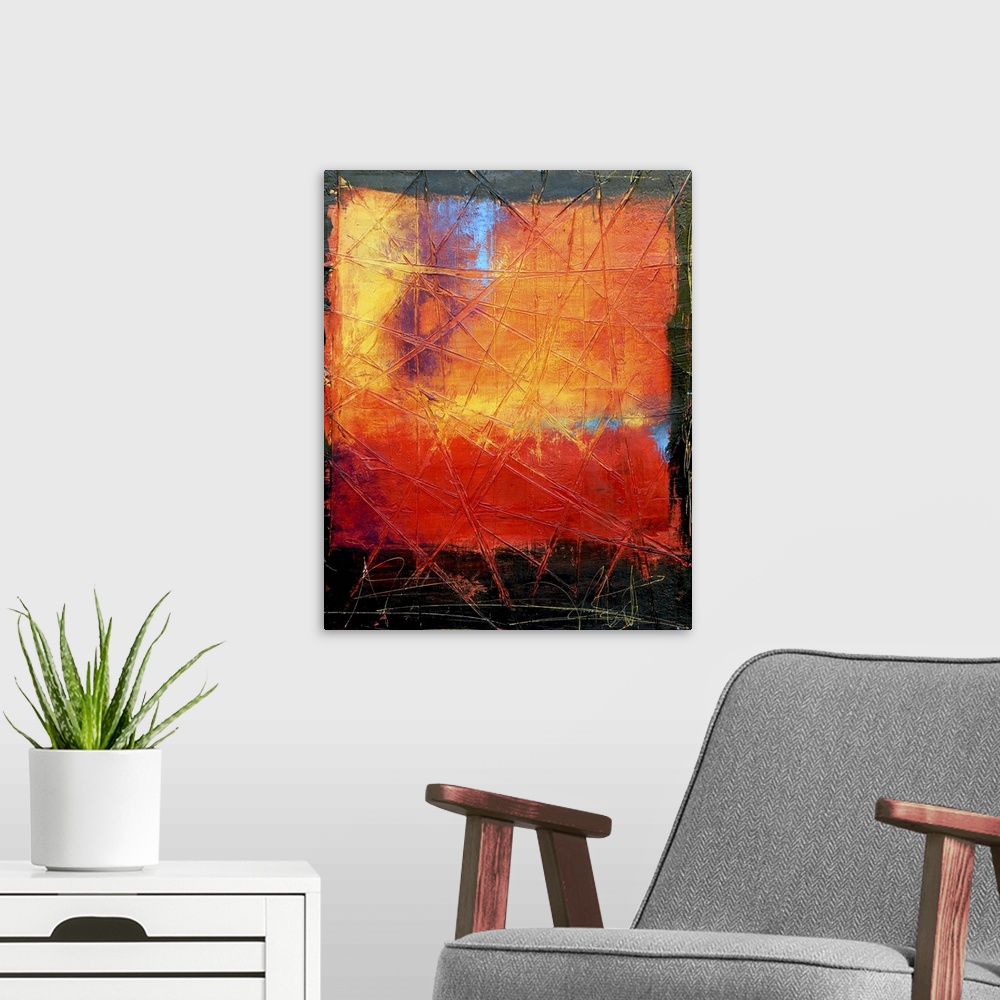 A modern room featuring Contemporary abstract painting of boldly colored square against a black background.  There are li...