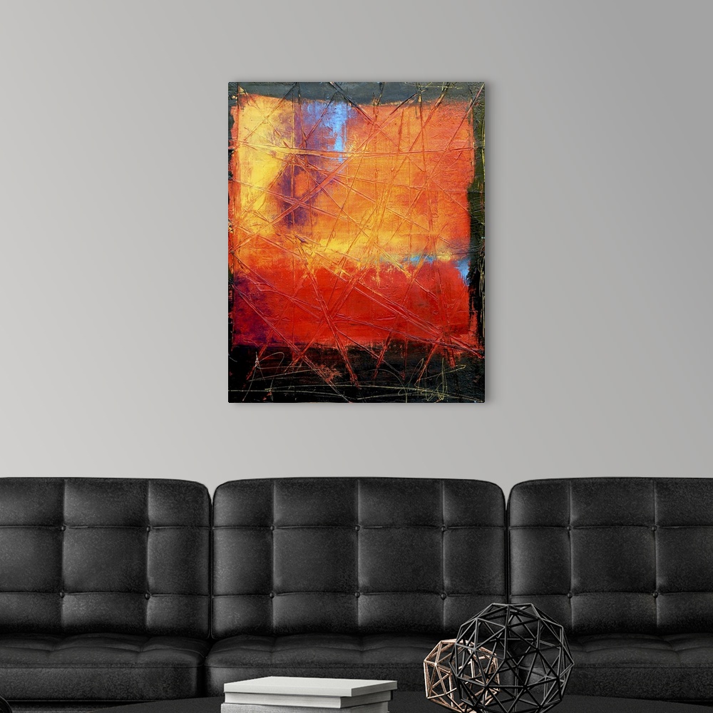 A modern room featuring Contemporary abstract painting of boldly colored square against a black background.  There are li...