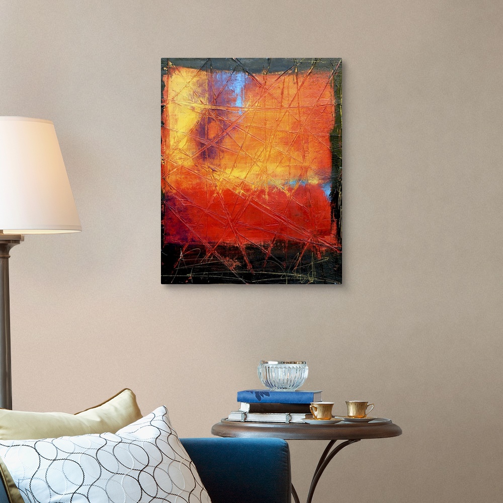 A traditional room featuring Contemporary abstract painting of boldly colored square against a black background.  There are li...