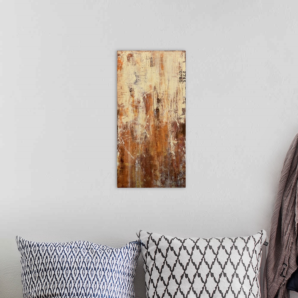 A bohemian room featuring A contemporary abstract painting using earthy tones.