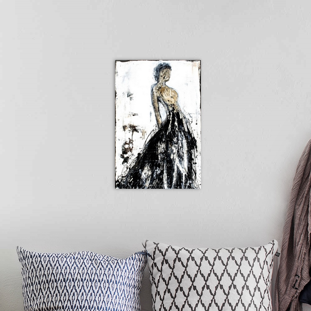 A bohemian room featuring Abstract painting of a faceless woman in a long black gown with a tan body created with cut up pi...