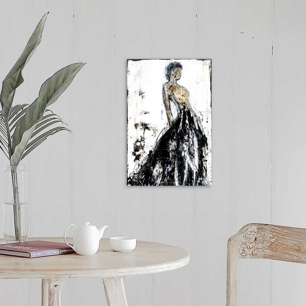 A farmhouse room featuring Abstract painting of a faceless woman in a long black gown with a tan body created with cut up pi...