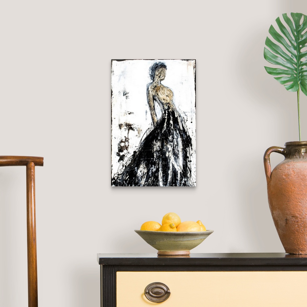 A traditional room featuring Abstract painting of a faceless woman in a long black gown with a tan body created with cut up pi...