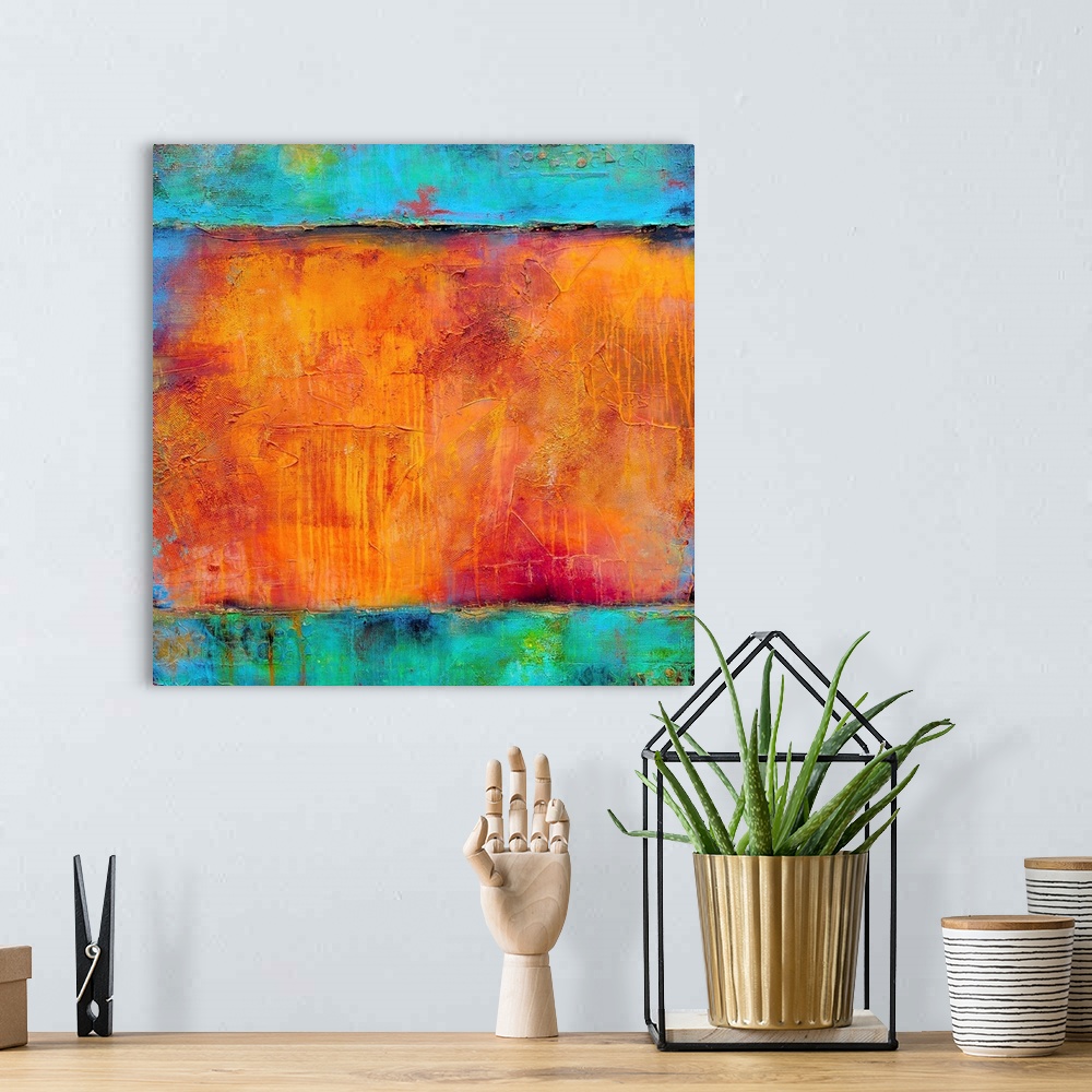 A bohemian room featuring A vividly colored gicloe print of contemporary painting created with building up layers of paint ...