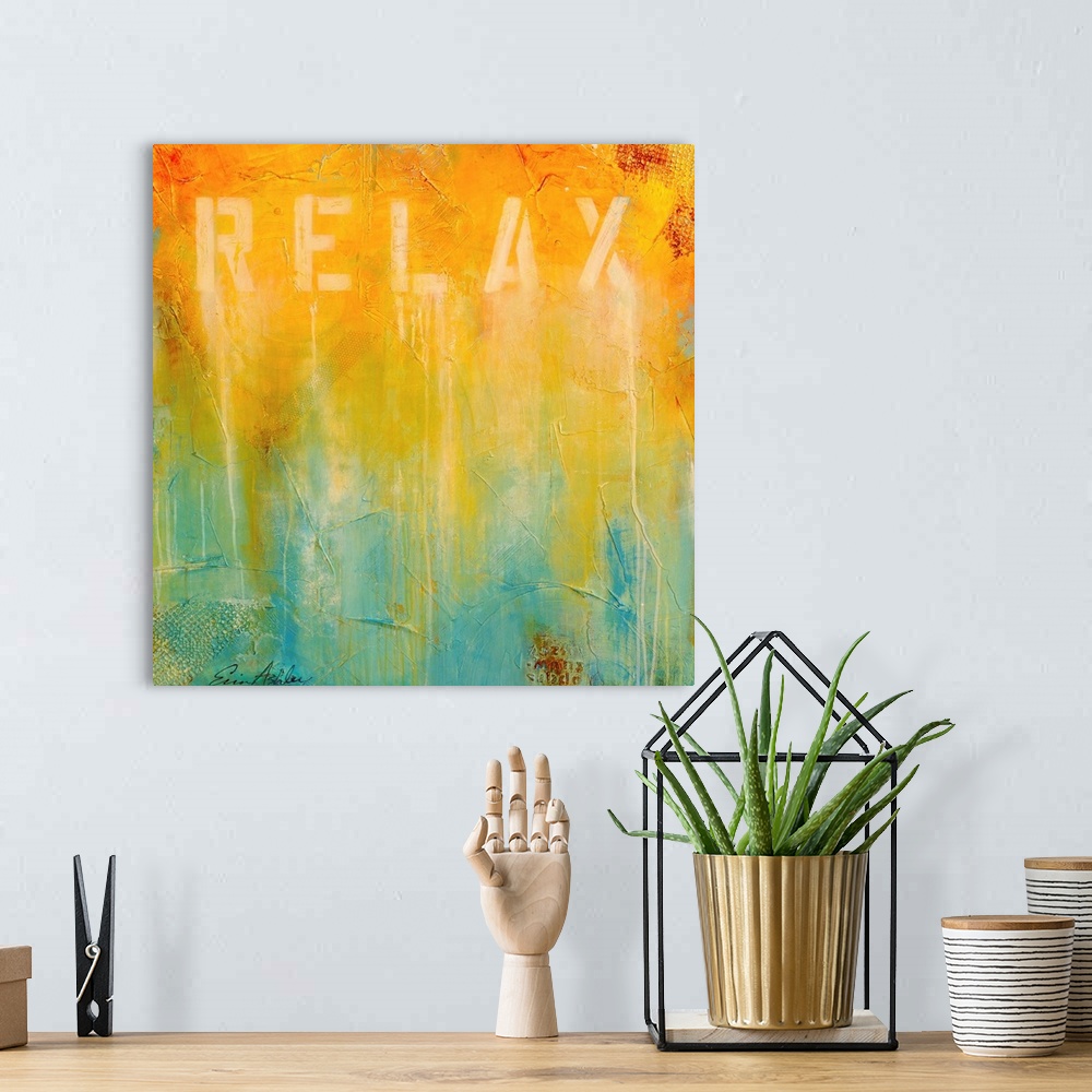 A bohemian room featuring Abstract painting on canvas with a bright gradient of colors running from top to bottom with heav...