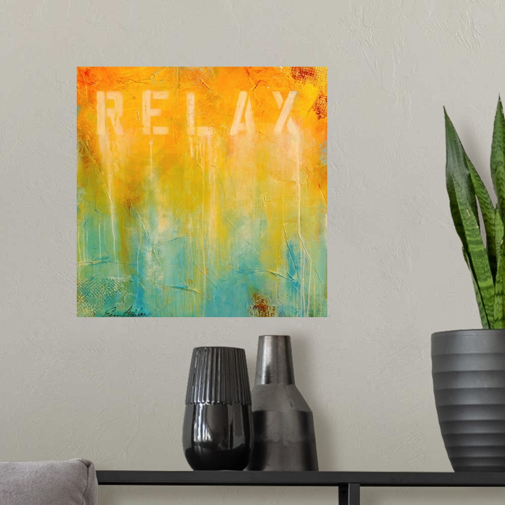 A modern room featuring Abstract painting on canvas with a bright gradient of colors running from top to bottom with heav...