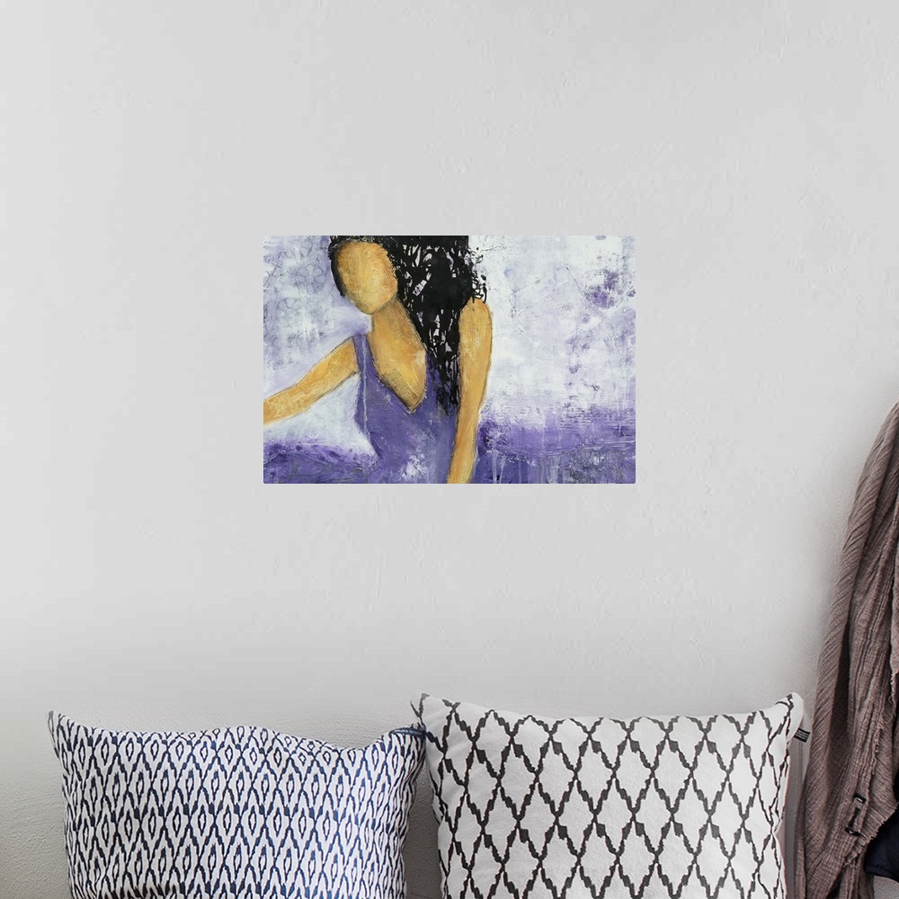 A bohemian room featuring Contemporary painting of a woman wearing a lavender dress.