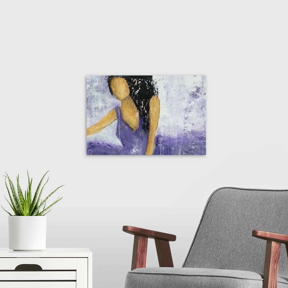 A modern room featuring Contemporary painting of a woman wearing a lavender dress.
