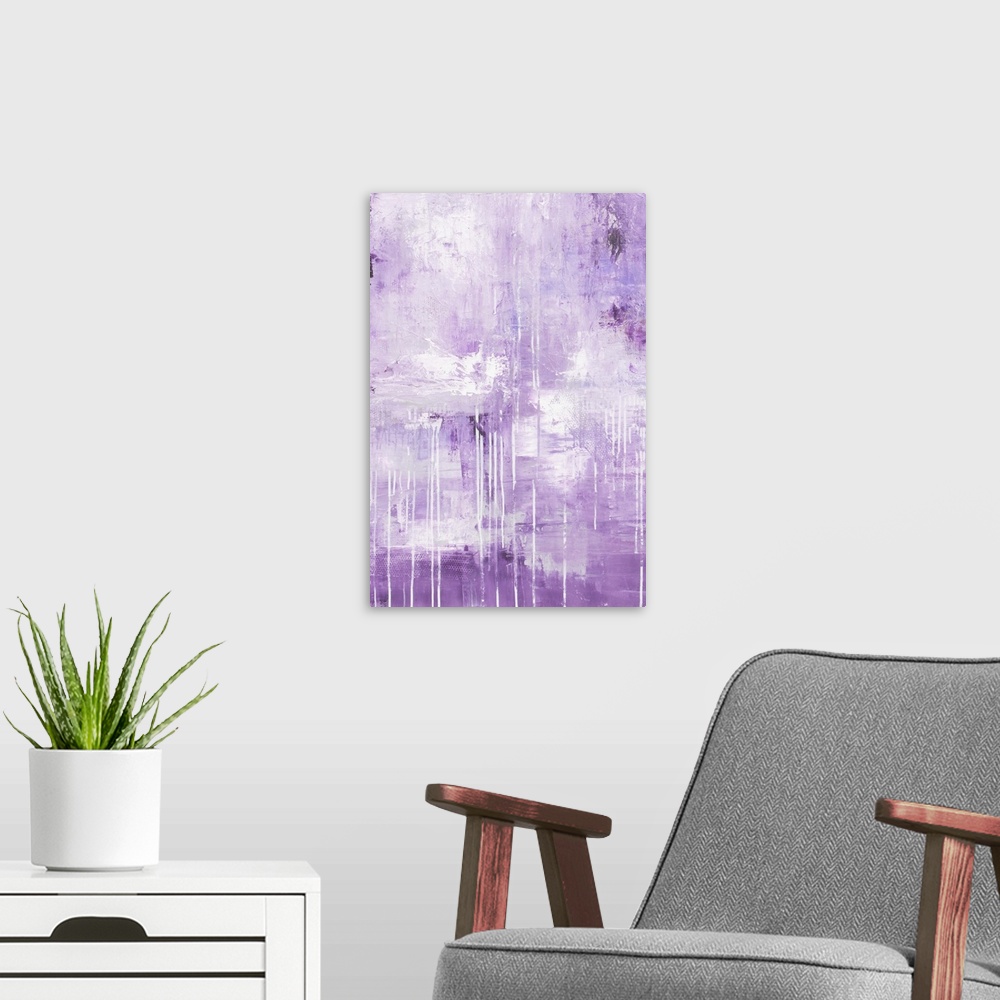 A modern room featuring A contemporary abstract painting made up of mostly lavender mixed with darker shades of purple an...