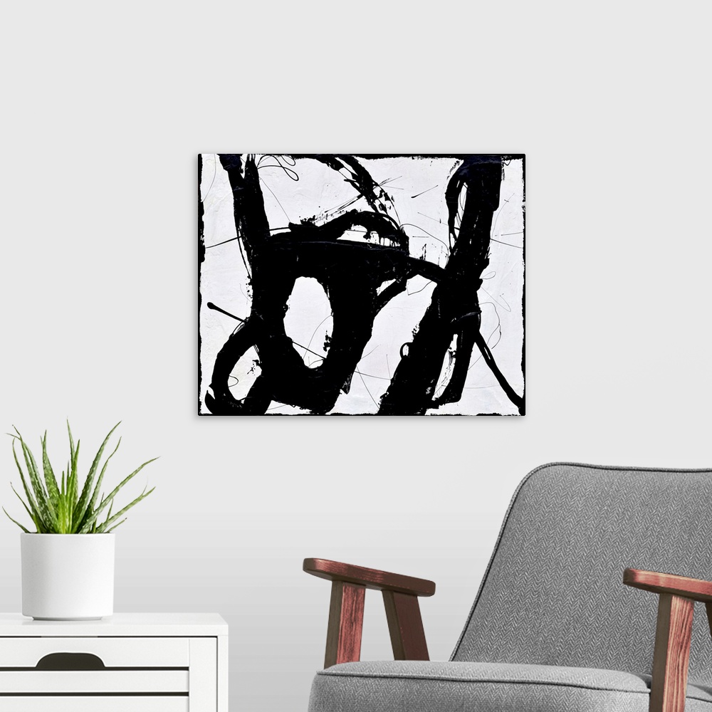 A modern room featuring A contemporary abstract painting of bold black lines swirling against a white background.