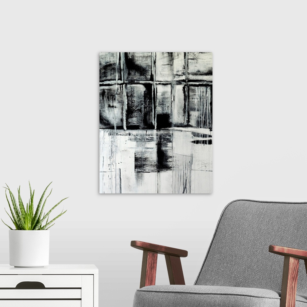 A modern room featuring Black and white contemporary abstract art, painted roughly in squares, resembling grungy warehous...