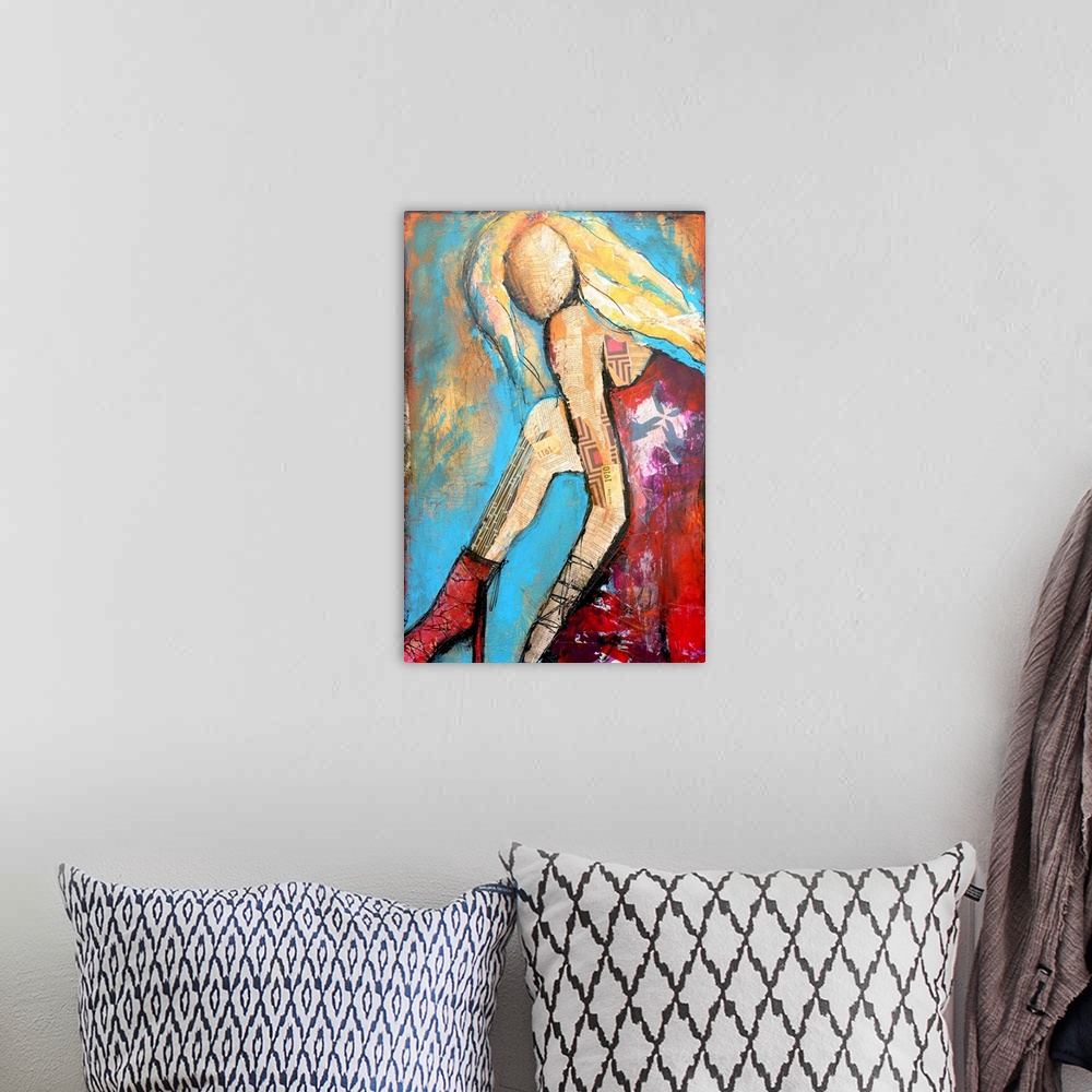 A bohemian room featuring A contemporary mixed media collage of a woman in heels, blonde hair, sleeveless dress, and render...