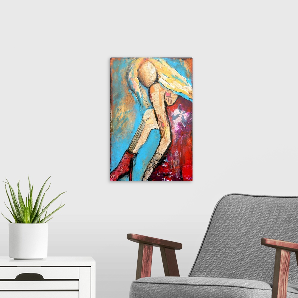 A modern room featuring A contemporary mixed media collage of a woman in heels, blonde hair, sleeveless dress, and render...