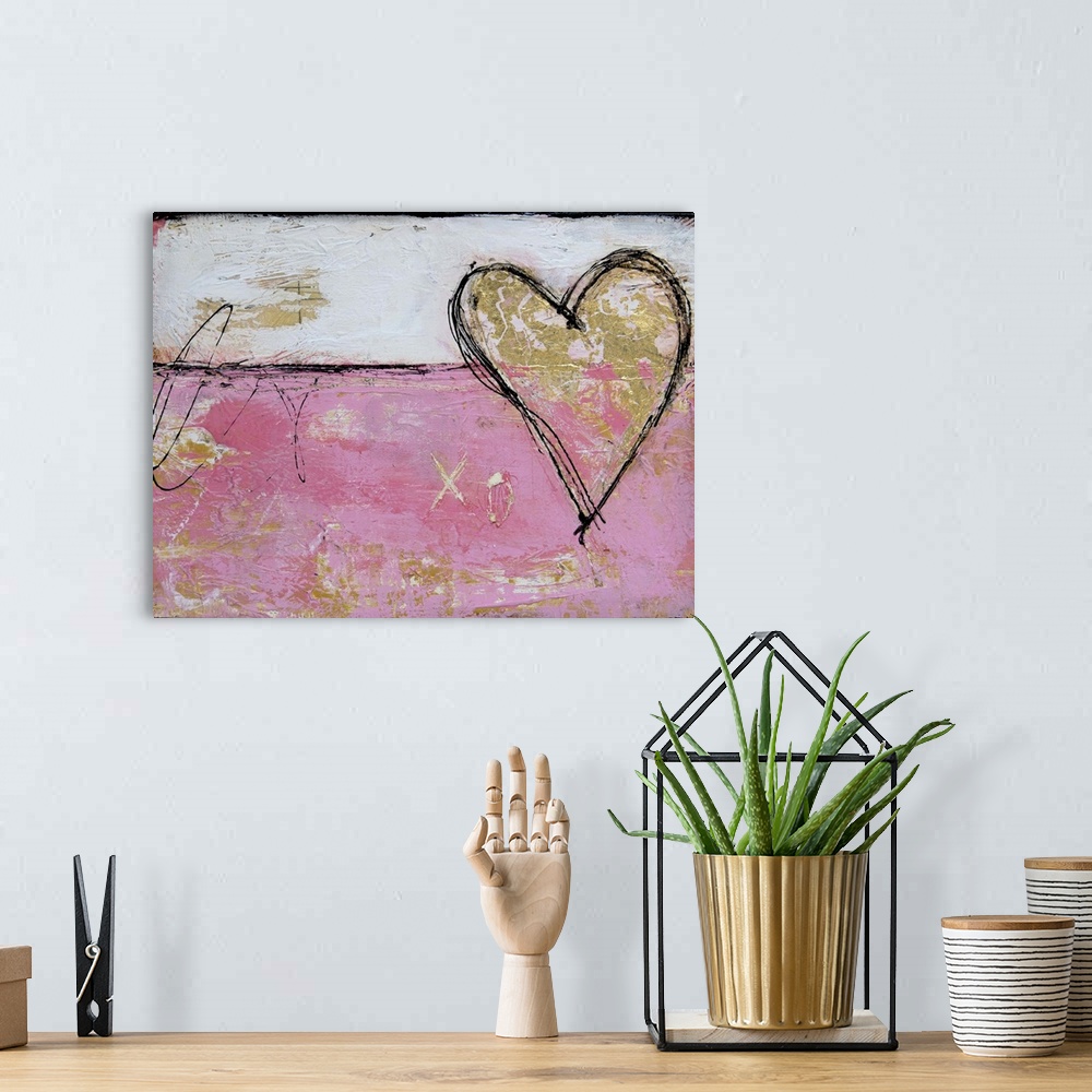 A bohemian room featuring Pink, white, black, and gold abstract painting split into two sections with gold coming through o...