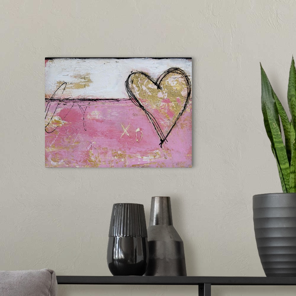 A modern room featuring Pink, white, black, and gold abstract painting split into two sections with gold coming through o...