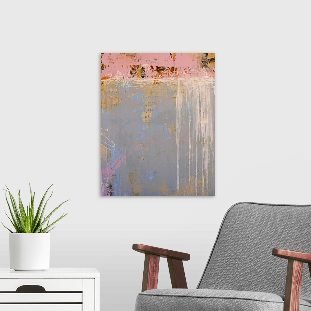 A modern room featuring Abstract painting of sheet music bleeding through cheerful paint colors.
