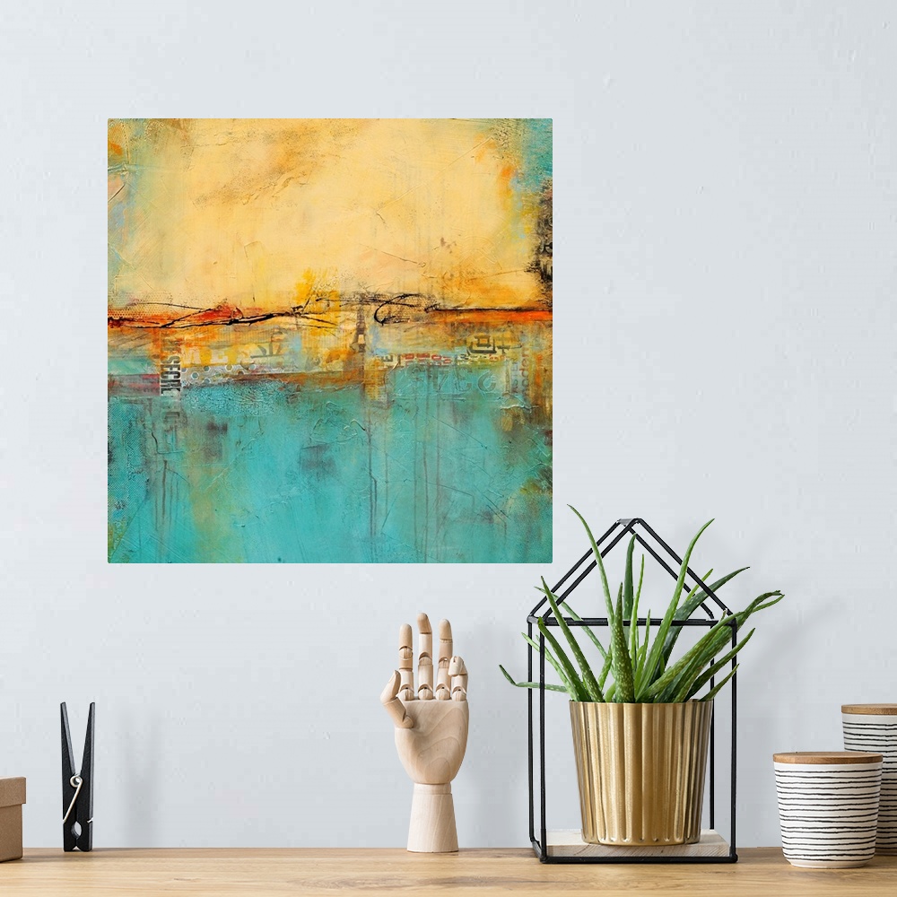 A bohemian room featuring A contemporary abstract painting with cool colors accented with warm, earthy tones.