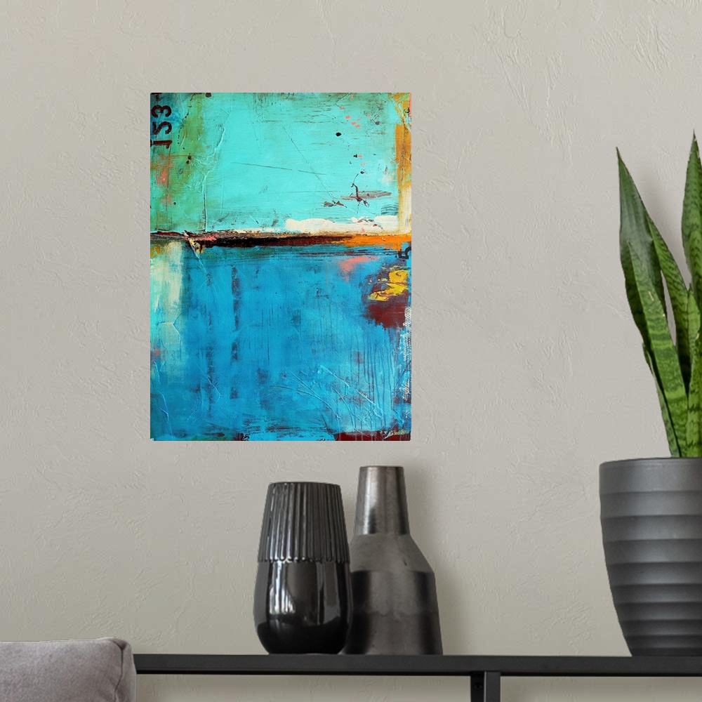 A modern room featuring A contemporary abstract painting of grungy paint textures and numbers.