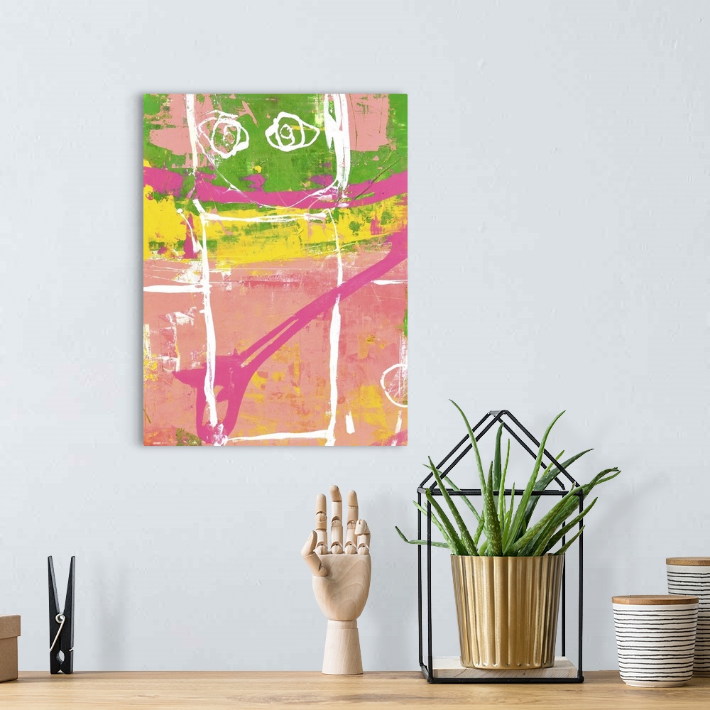 A bohemian room featuring Contemporary abstract painting using bright green and pink tones.