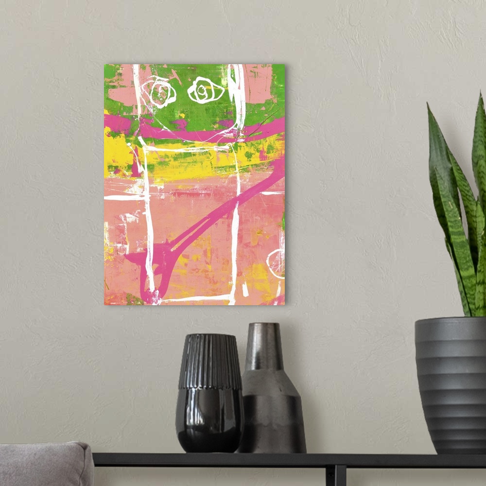 A modern room featuring Contemporary abstract painting using bright green and pink tones.