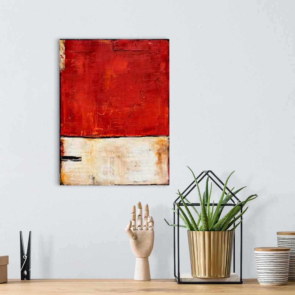 A bohemian room featuring Abstract painting with red and white splitting the painting in half with a thin, black squiggly l...