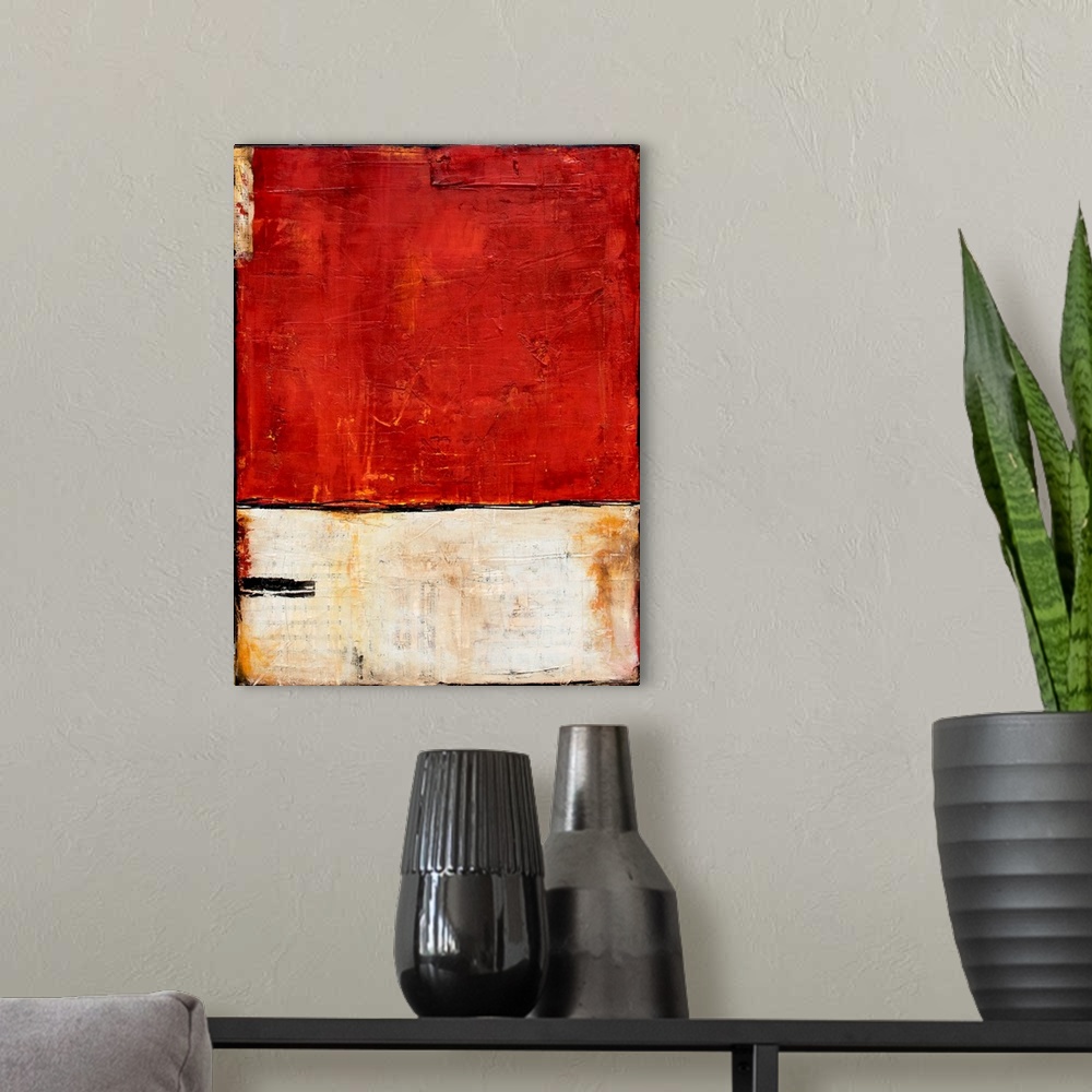 A modern room featuring Abstract painting with red and white splitting the painting in half with a thin, black squiggly l...