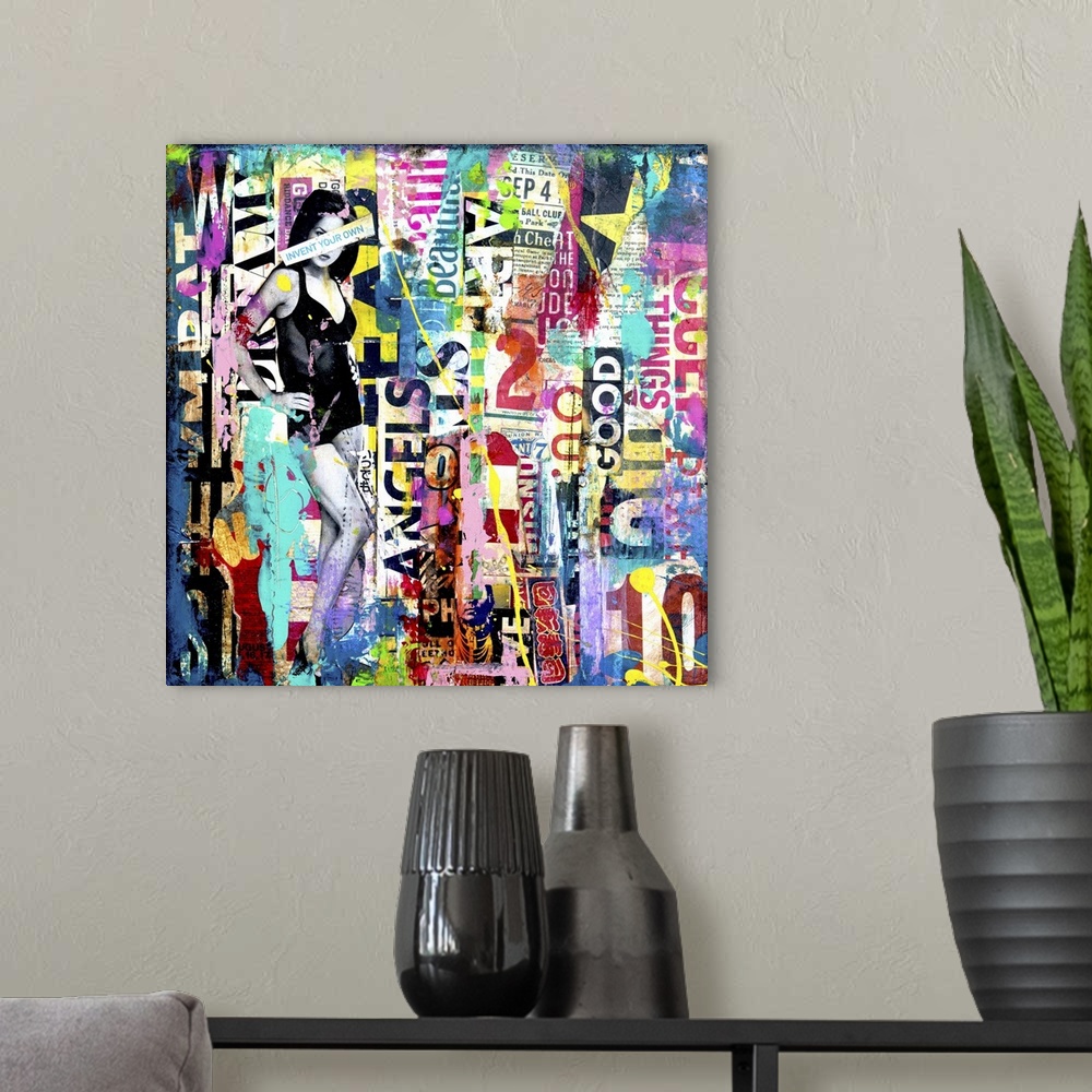 A modern room featuring Mixed media artwork with a black and white image of a woman on a colorful square background fille...