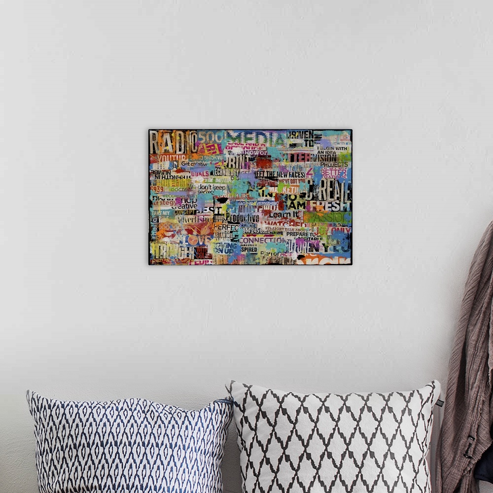 A bohemian room featuring Contemporary collage painting made of found lettering.