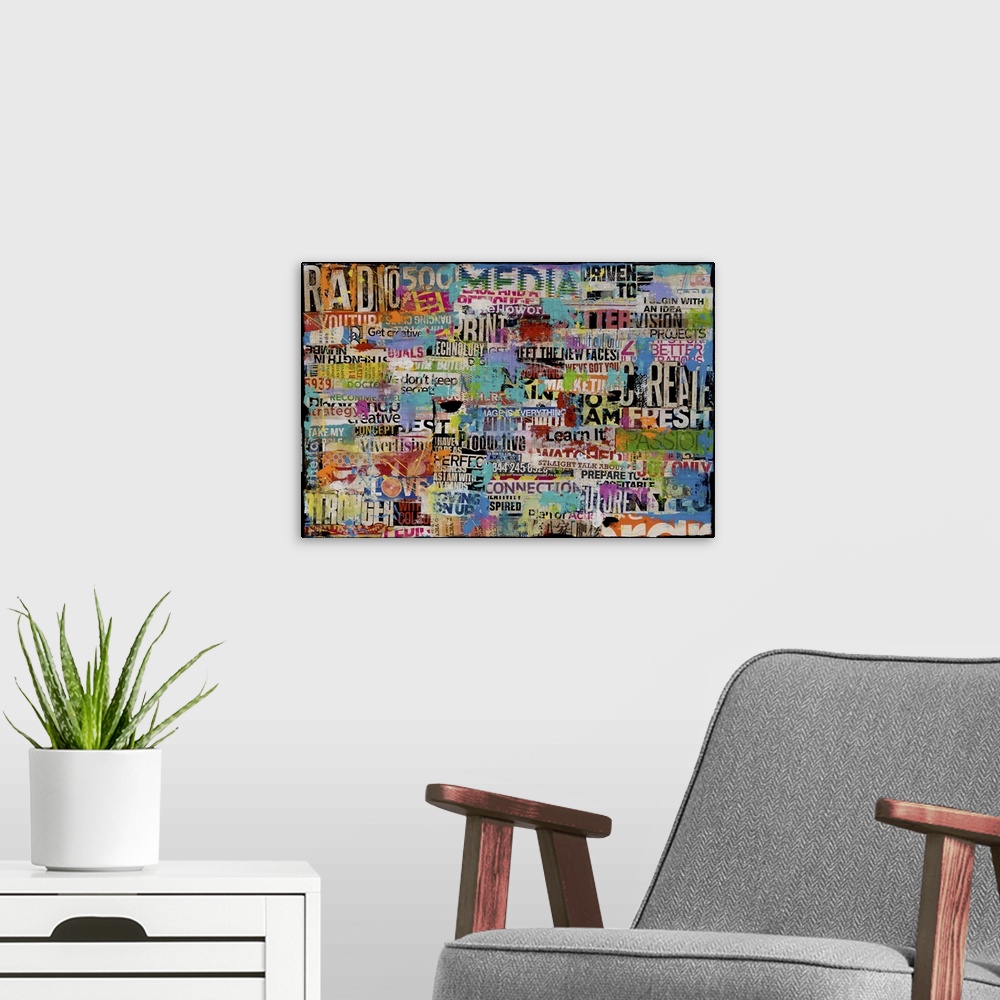 A modern room featuring Contemporary collage painting made of found lettering.