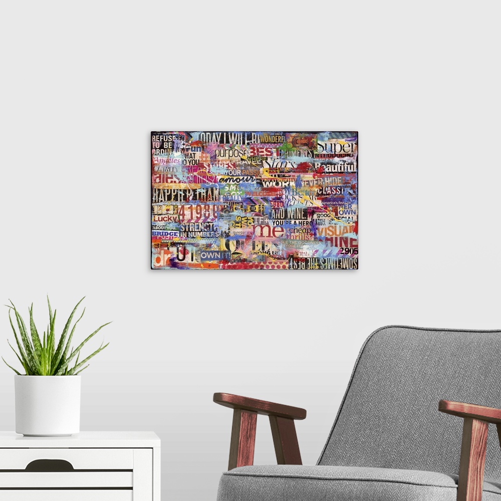 A modern room featuring Contemporary abstract painting using a collage of different print clippings and paint textures.