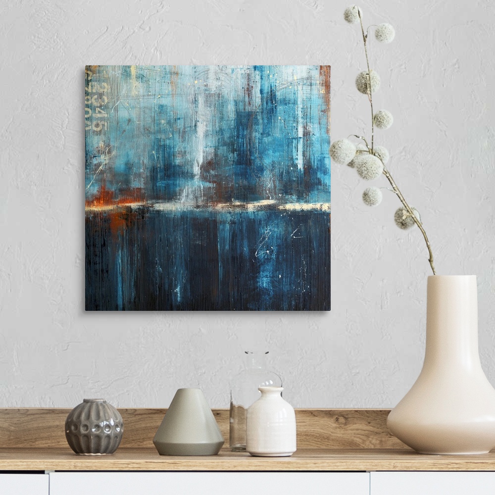 A farmhouse room featuring Abstract canvas art of cool tones with heavy brush textures.