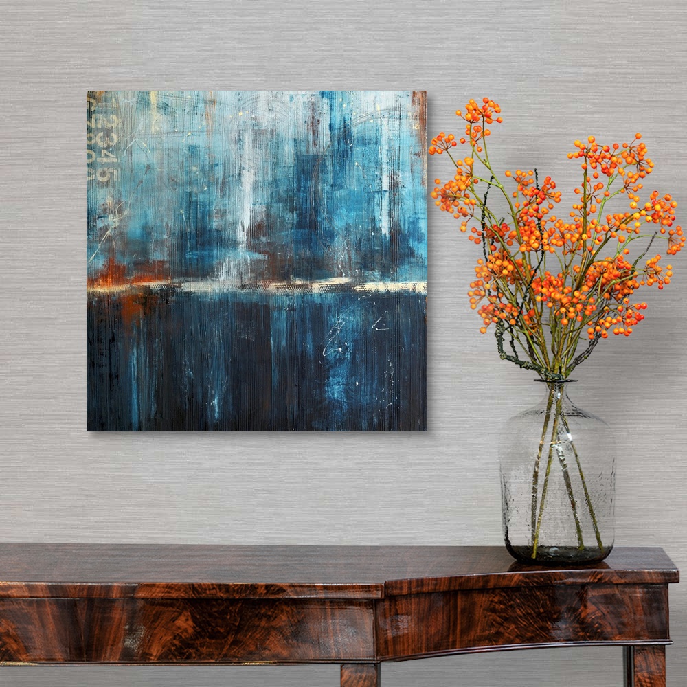 A traditional room featuring Abstract canvas art of cool tones with heavy brush textures.