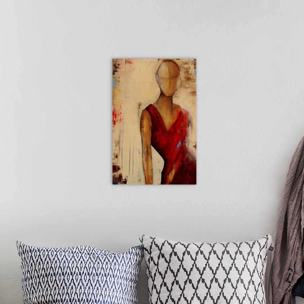 A bohemian room featuring Contemporary painting of a woman posing in a red dress.