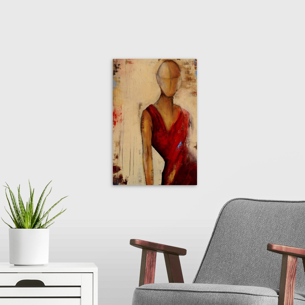 A modern room featuring Contemporary painting of a woman posing in a red dress.