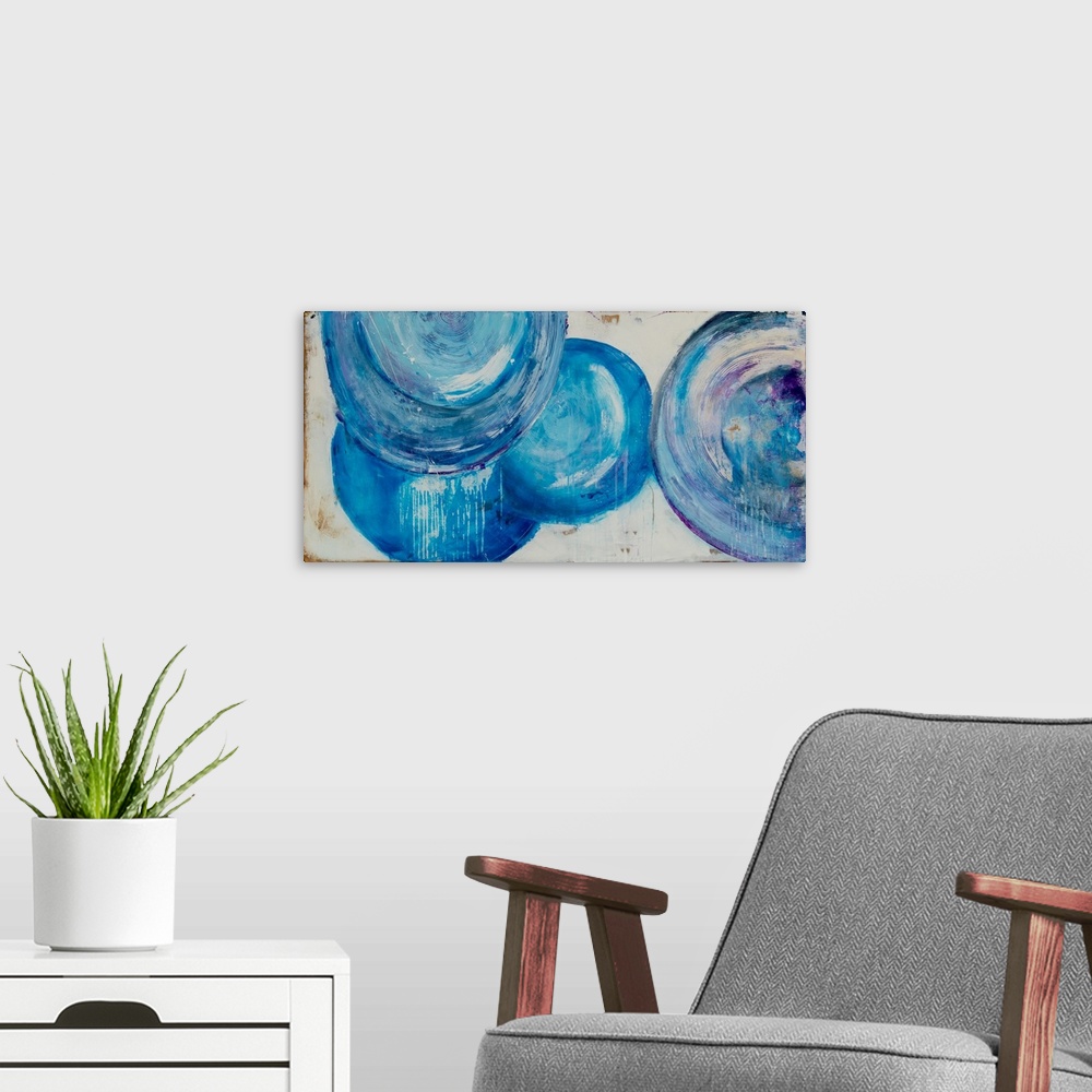 A modern room featuring Horizontal contemporary abstract painting with thick textured and layered brushstrokes in large c...