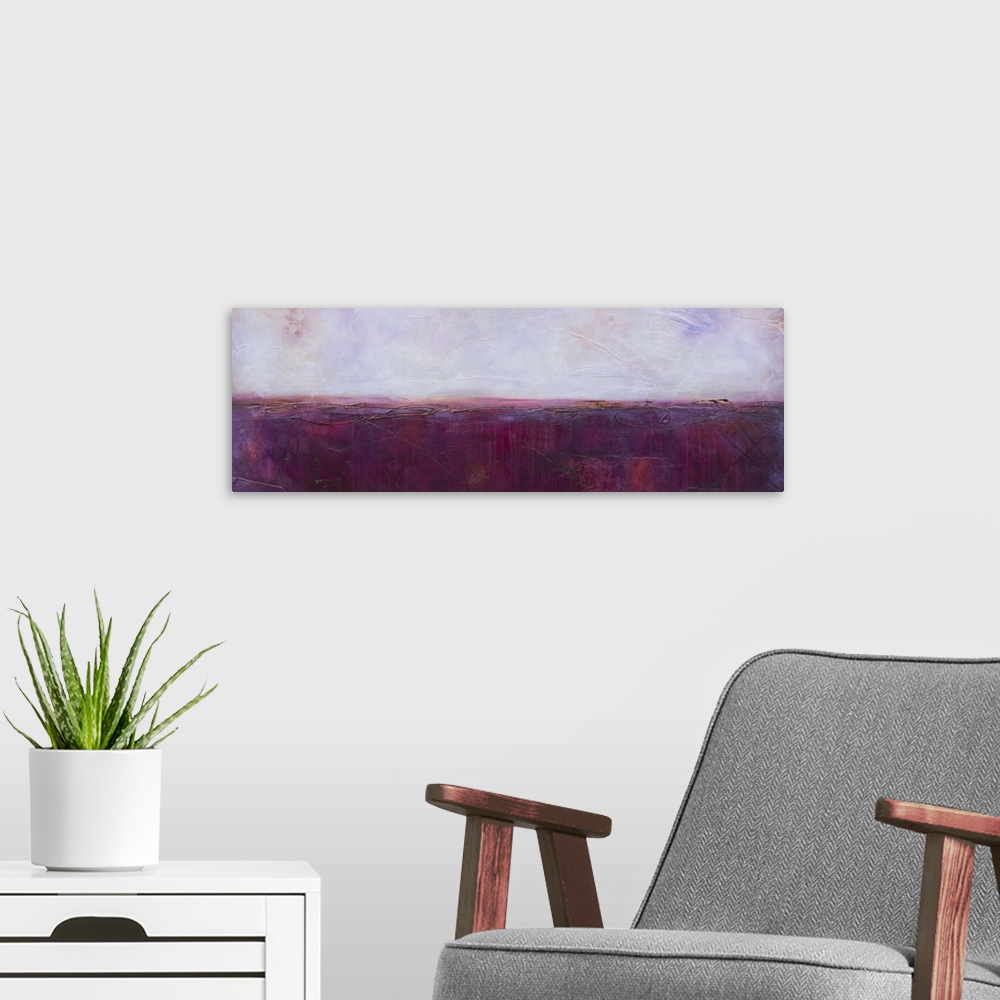 A modern room featuring Panoramic abstract painting in purple hues with magenta coming through and thin, black, squiggly ...